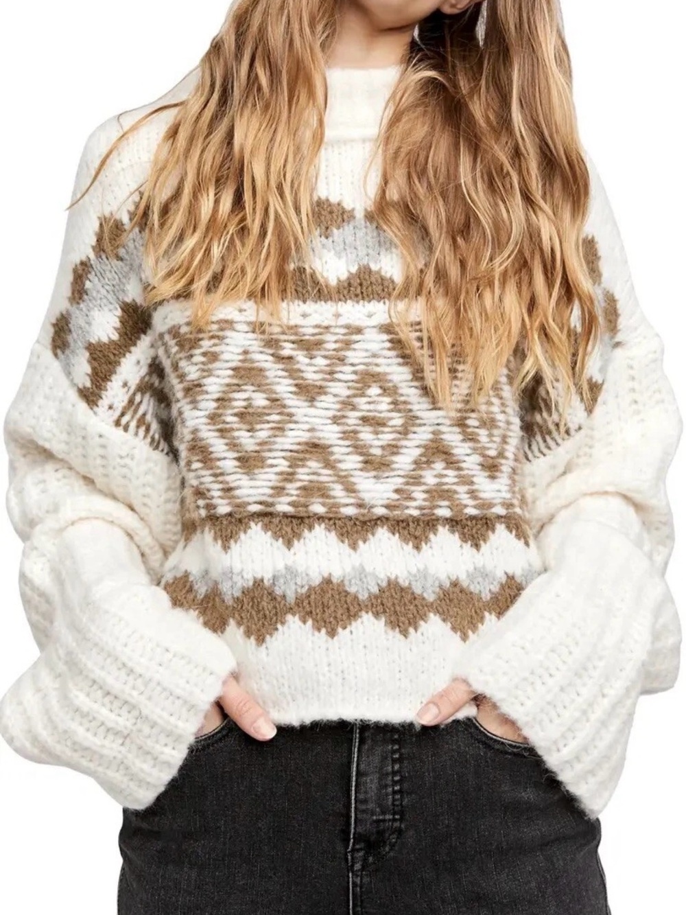 Free People Alpine Crop Mock Neck Sweater Snowy Forrest Combo Sz M EUC